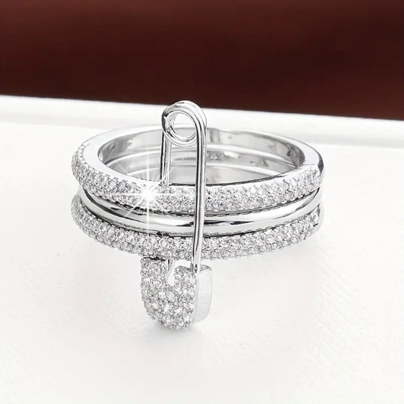 Multi-layer silver tone cubic zirconia safety pin ring - Picture 2 of 4